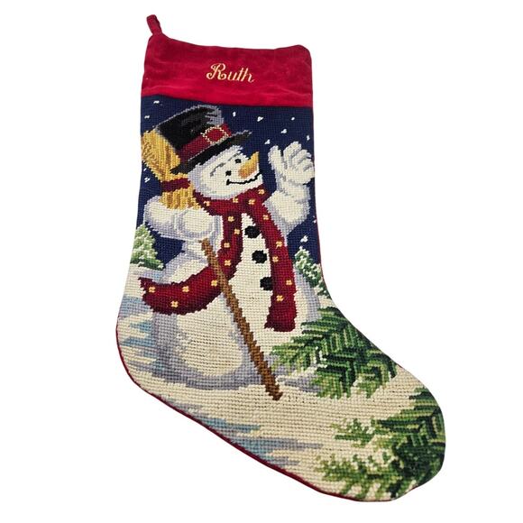 Vintage 90s Lillian Vernon Christmas Stocking Needlepoint Wool Snowman Ruth - Picture 1 of 3